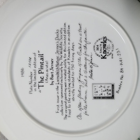 1986 Limited Edition The Pintail By Bart Jerner Plate No 3253C - Picture 7 of 8